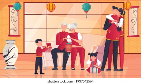 Chinese family celebrating new year together unwrapping presents in room with traditional eastern interior flat vector illustration