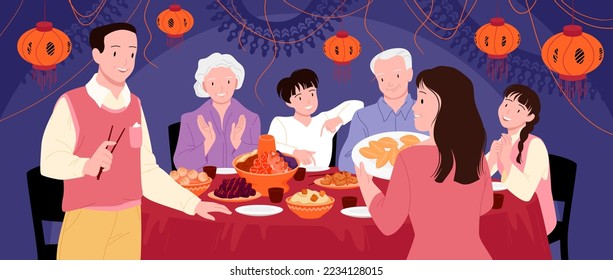 Chinese family dinner vector illustration. Cartoon happy parents, kids and grandparents gathering at lovely table with hotpot and dishes to eat food of Asian cuisine, celebration of relatives