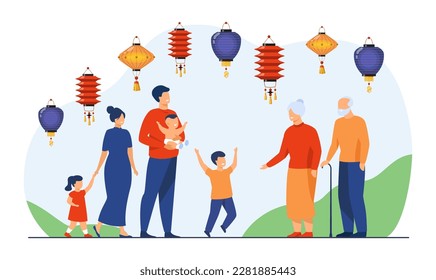 Chinese family gathering for New Year vector illustration. Happy parents with children and grandparents under Chinese lanterns. Family reunion, tradition, China, culture, celebration concept