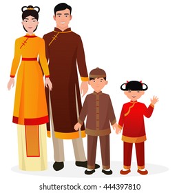 Chinese family. Chinese man and woman with boy and girl kids in traditional national clothes. 