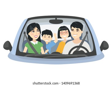 Chinese family on a trip - cartoon people character vector illustration on white background. A composition with young smiling parents with two cheerful children, boy and girl sitting in a car