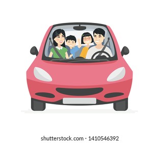 Chinese Family On A Trip - Cartoon People Character Vector Illustration On White Background. A Composition With Young Smiling Parents With Two Cheerful Children, Boy And Girl Sitting In A Red Car