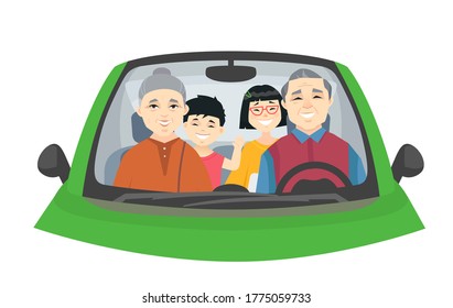 Chinese family on a trip - cartoon people character vector illustration on white background. A composition with grandmother, young parents with two cheerful children, boy and girl sitting in a car