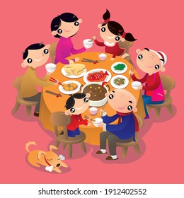 A Chinese family reunion dinner. It is a traditional practice of Chinese people to get all family members together and have a dinner to celebrate the festivals.