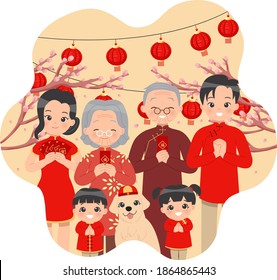 Chinese family reunion fist and palm salute decorated with lantern and cherry tree. Lunar new year festive clip art isolated on white. Chinese Text means: "Blessing"
