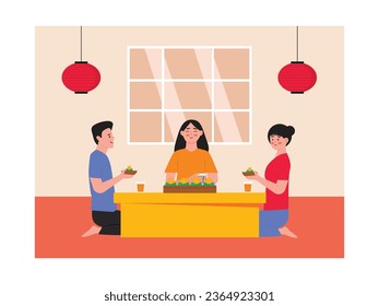 La familia china está sentada comiendo con su madre, padre e hija en una mesa de comedor decorada con farolillos. Diseño de caracteres. Ilustración plana del vector