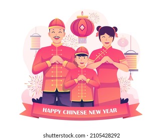 Chinese Family in traditional dress costume doing salute etiquette fist and palm gesture greeting to celebrate the Lunar new year. Flat Vector Illustration