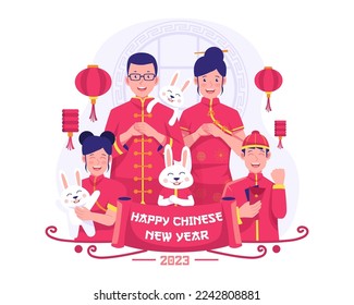 A Chinese Family in traditional dress costume doing salute etiquette fist and palm gesture greeting to celebrate the Lunar new year. Vector illustration