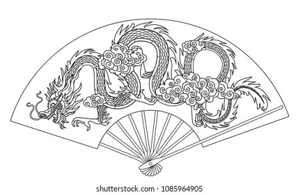 Chinese fan with decorative gragon isolated on white. Linear drawing for coloring book. Vector illustration