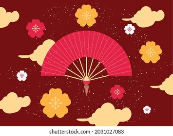 ventilador chino con flores y nubes
