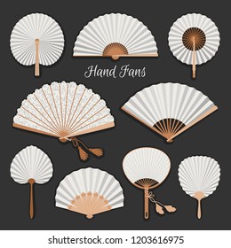 Chinese fans. Japanese traditional hand fan set vector illustration, vintage woman paper fans isolated