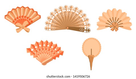 Chinese fans. Japanese traditional hand fan set vector illustration, vintage woman paper and  wooden fans isolated