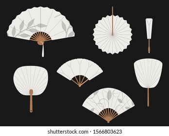 Chinese fans. Japanese traditional hand fan set vector illustration, vintage woman paper fans isolated