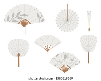 Chinese fans. Japanese traditional hand fan set vector illustration, vintage woman paper fans isolated