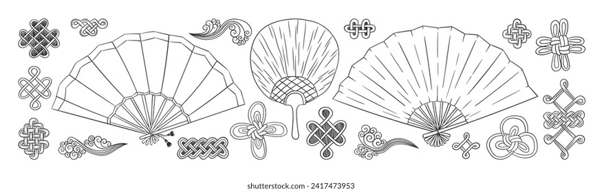 Chinese fans set. Asian doodles. Asia culture symbols. Japanese fan doodle. Chinese lucky knot charm amulet. Chinese New Year decoration.