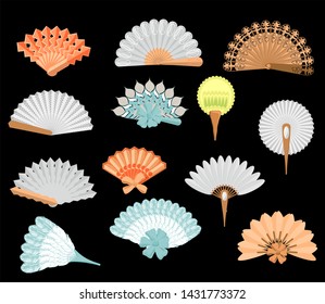 Chinese fans. Theatrical fans. Japanese traditional hand fan set vector illustration, vintage woman paper fans isolated