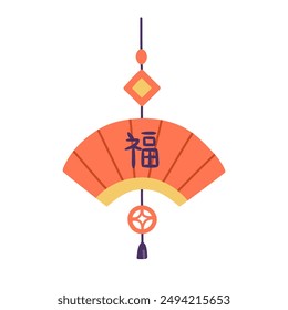 Chinese fan-shaped decoration. Traditional oriental ornament with tassel. Good fortune, text translation. China decor. Asian holiday element. Flat vector illustration isolated on white background