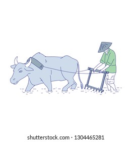 Chinese farmer plowing with buffalo in traditional costumes. Vector line art people plant rice of asian agricultural culture.