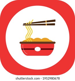 Chinese fast food, Chinese spaghetti with chopsticks. white, red and brown and green colors. vector image with white and red background