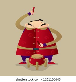 A Chinese fat man playing drum to celebrate Lunar New Year coming