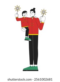 Chinese father with son in tang suits holding sparkler sticks 2D cartoon characters. Little boy in dad arms Lunar New Year isolated people flat vector on white background. Spot illustration colorful