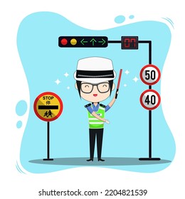 Chinese Female Police Officer Cartoon Vector On Highway Patrol. Translation On Traffic Sign