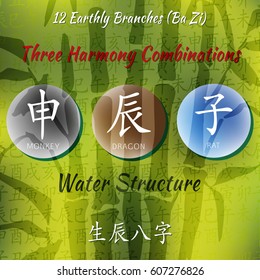 Chinese feng shui horoscope letters. Ba zi Combinations. Translation of 12 zodiac animals, feng shui signs hieroglyph- Rat, Ox, Tiger, Rabbit, Dragon, Snake, Horse, Goat, Monkey, Rooster, Dog, Pig. 