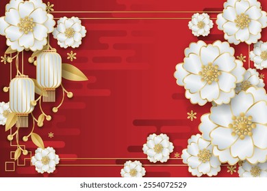 Chinese festival banner design of white lantern, flowers and branches decorate on red pattern background with frame for your copy space. Vector illustration.