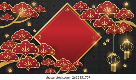 Chinese festival banner with gold lanterns hanging on tree branches with red frame for your copy space with falling flowers. Design for Chinese New Year, Lunar new year, Mid-autumn festival.