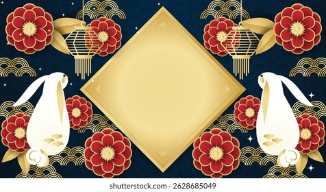 Chinese festival banner of a pair of rabbits with golden frame for your copy space on dark blue pattern background with flowers and lanterns. for Chinese New Year, Lunar new year, Mid-autumn festival.