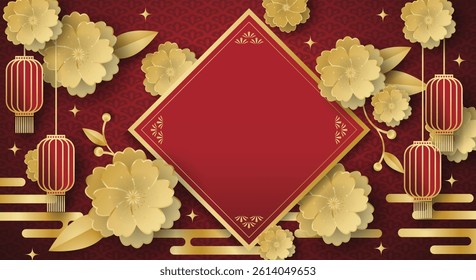 Chinese festival banner with red lanterns hanging on flowers with golden frame for your copy space on red pattern background. Design for Chinese New Year, Lunar new year, Mid-autumn festival. 