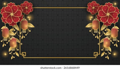 Chinese festival banner with red lanterns hanging on flowers with white frame for your copy space on black pattern background. Design for Chinese New Year, Lunar new year, Mid-autumn festival.