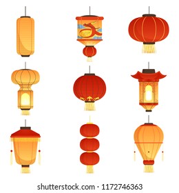 Chinese festival lanterns. China street asian chinatown wedding paper lanterns vector cartoon symbols isolated. Lamp and lantern, festival oriental light illustration