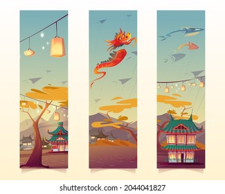 Chinese festival with lanterns and flying kites in shape of dragon and fish. Vector vertical banners or bookmarks with cartoon illustration of village with traditional houses in China