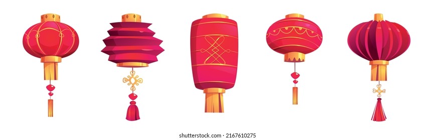 Chinese festival red lanterns, traditional decoration for asian New Year celebration. Vector cartoon icons set of oriental paper lamps with gold ornament and tassels from China