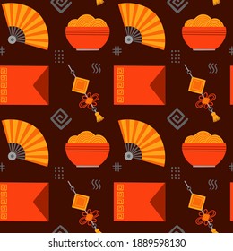 Chinese Festival Seamless Pattern with Folding Fan, Noodles, Angpao, and Chinese Knot. You can use this design to create poster, tshirt, pillow, tote bag, pouch, phone case, etc.