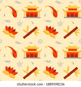 Chinese Festival Seamless Pattern with Koi Fish, Pagoda Temple, Lotus Flower, and Bamboo. You can use this design to create poster, tshirt, pillow, tote bag, pouch, phone case, etc.