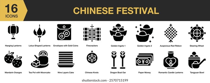 Chinese Festival solid icon set. Includes chinese, festival, culture, celebration, oriental, chinese new year, and More. Solid icons vector collection.