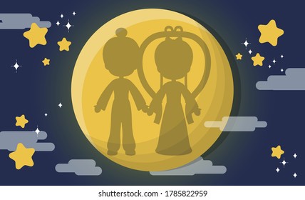 Chinese festival, Chinese Tanabata festival, Tanabata, cartoon illustration Cowherd and Weaver Girl shadow, holding hands, cow and rabbit, full moon and stars