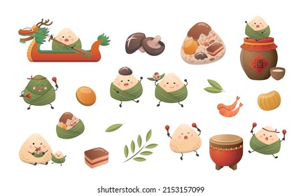 Chinese festivals: Dragon Boat Festival cute and playful zongzi cartoon characters, bamboo leaf stuffing mushrooms, shrimp, chestnuts, pork, and wine drum elements set