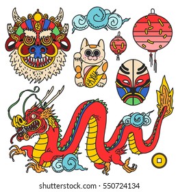 Chinese festival.Vector illustration.Hand drawn patches dragon,mask,cloud