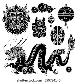 Chinese festival.Vector illustration.Hand drawn patches dragon,mask,cloud