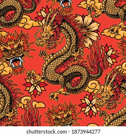 Chinese festive elements seamless pattern with fantasy dragons decorative flowers and clouds on red background vector illustration