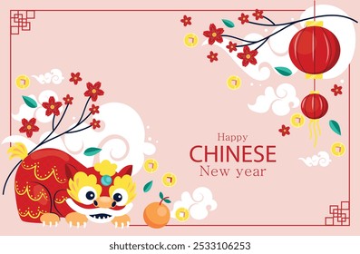 
chinese festive greeting card, banner for Chinese New Year 2024 with Rabbit, zodiac symbol of 2024 year, red paper lanterns and floral decors.