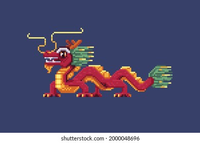 Chinese festive red dragon. Pixel art fantasy animal. Vector isolated illustration