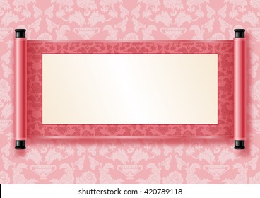 Chinese festive vector card with deployed ancient scroll. Pink floral pattern on scroll and on background. There is a place for your text, calligraphy or painting. Colored vector illustration.