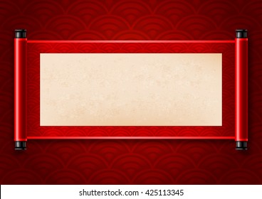 Chinese festive vector card with deployed ancient scroll. Seigaiha pattern on scroll and on background. There is a place for your text. Colored vector illustration.