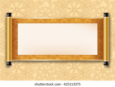 Chinese festive vector card with deployed ancient scroll. Golden floral pattern on scroll and on background. There is a place for your text, calligraphy or painting. Colored vector illustration.