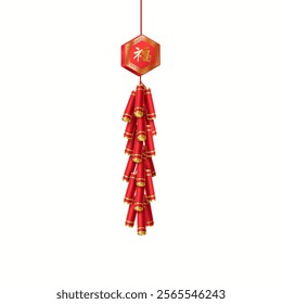 Chinese firecrackers bunch with happy pendant realistic vector illustration. Asian Baozhu for funny holiday noise 3d object on white. inscription on the badge is “Luck”