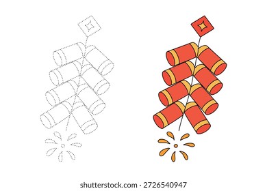 Páginas de coloração de foguetes chineses. Rastrear e colorir fogos de artifício chineses. Elemento de ano novo chinês para colorir página. Ilustração de vetor de foguetes chineses. Vetor lunar de foguete de ano novo.